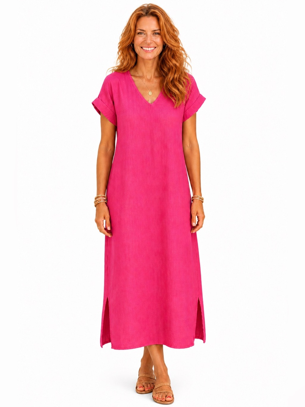 Francesca Bettini Linen Midi Dress Pink Made in Italy Size L